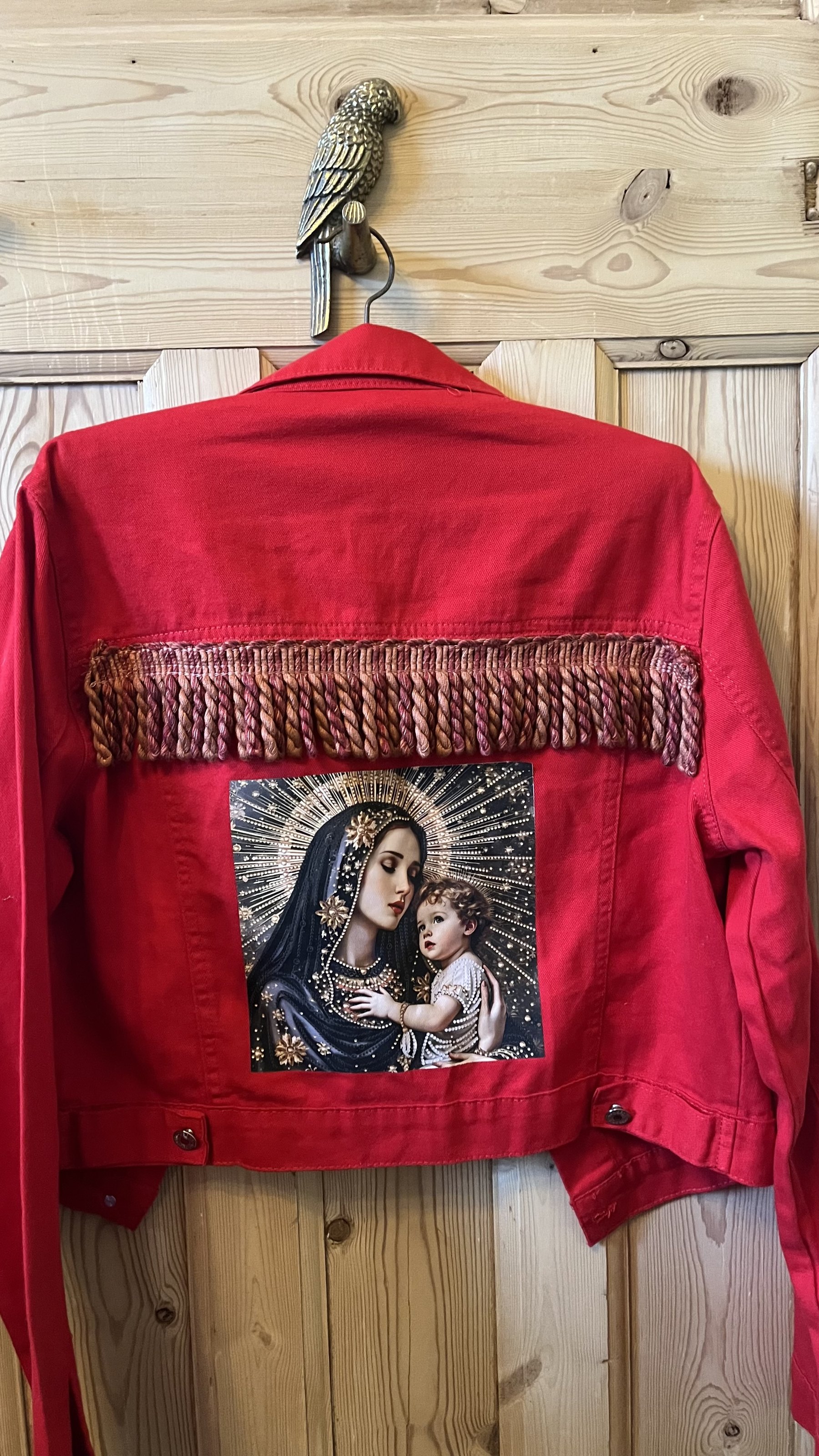 Red denim mother and child