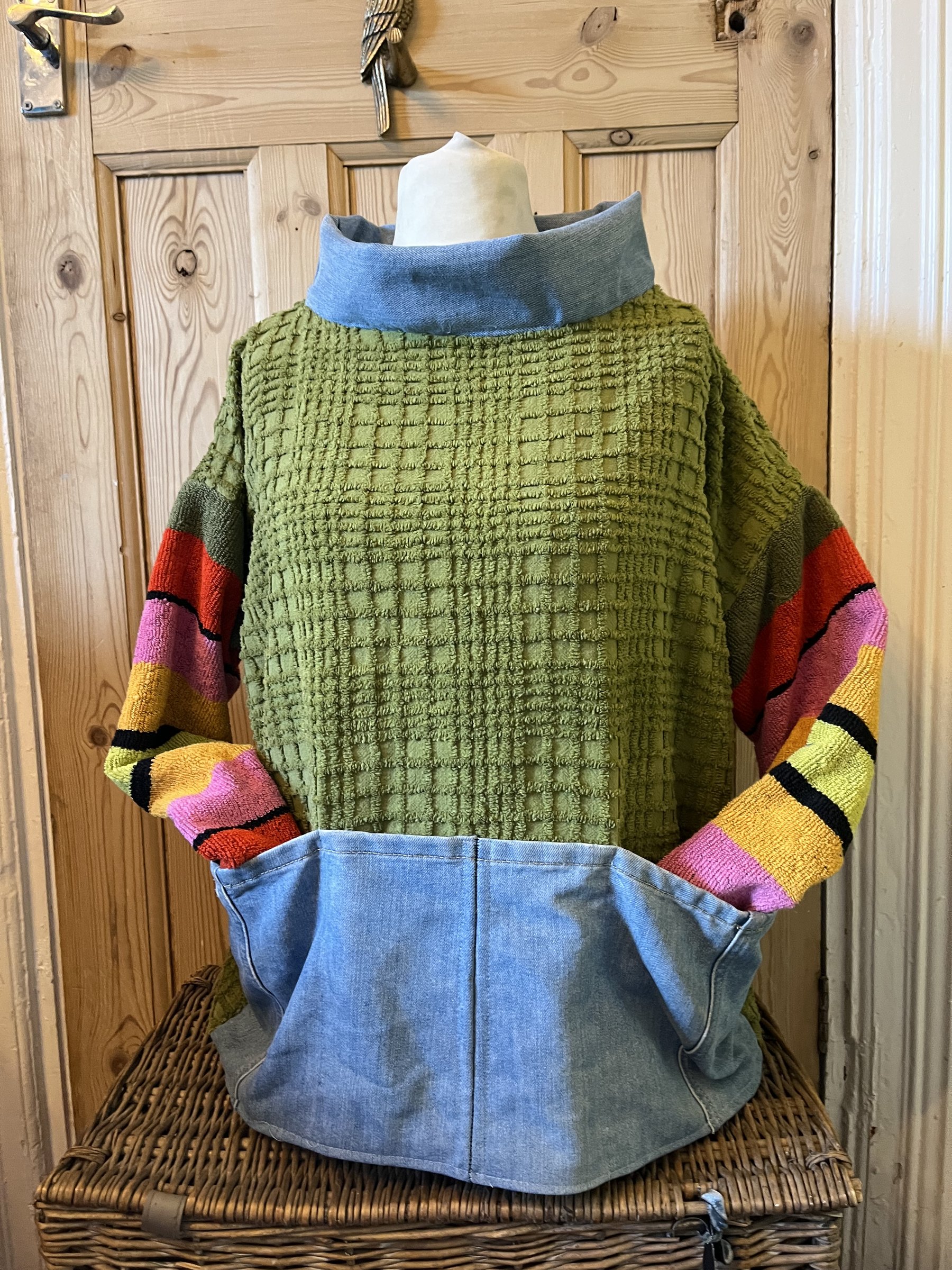 Khaki and bright stripes with big fat denim pockets