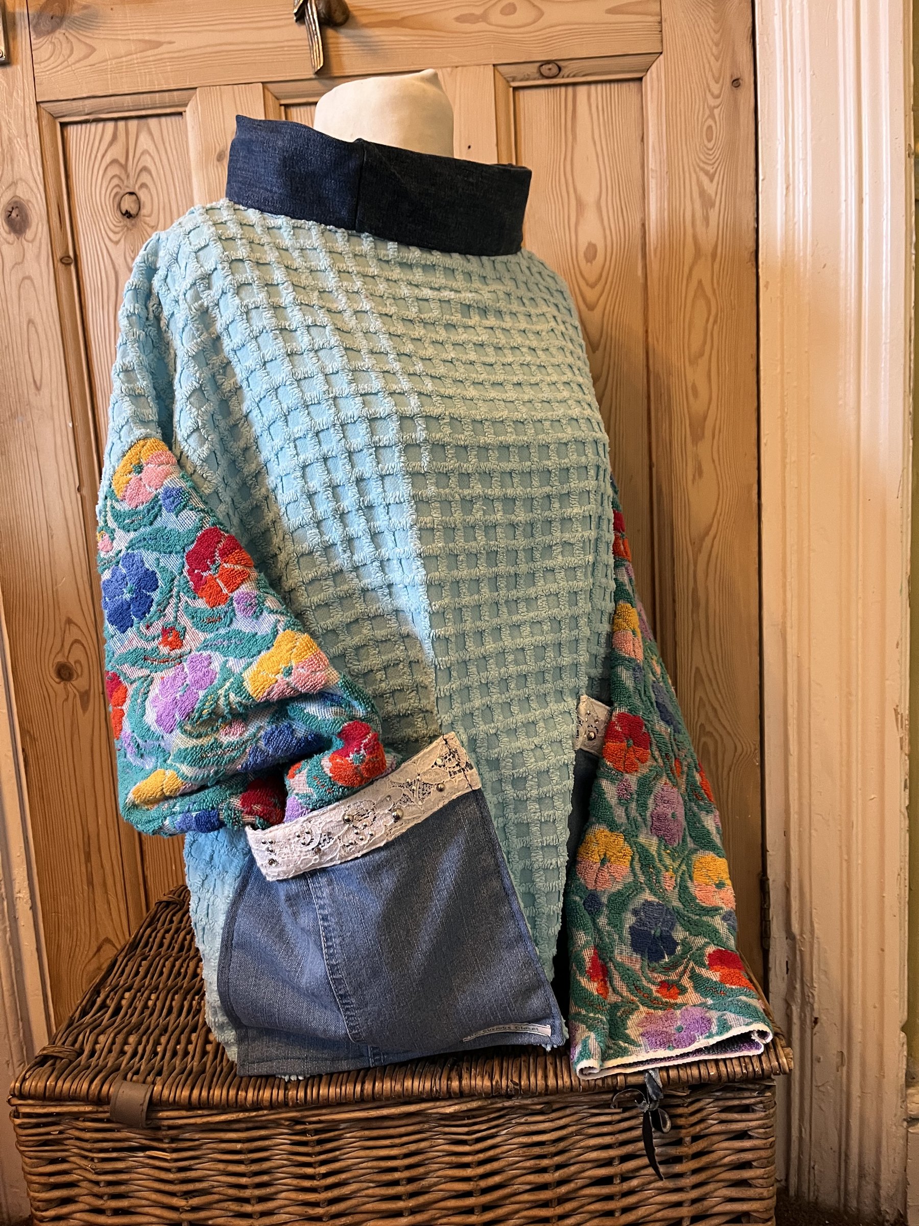 70s towel ,candle wick and denim fishing smock