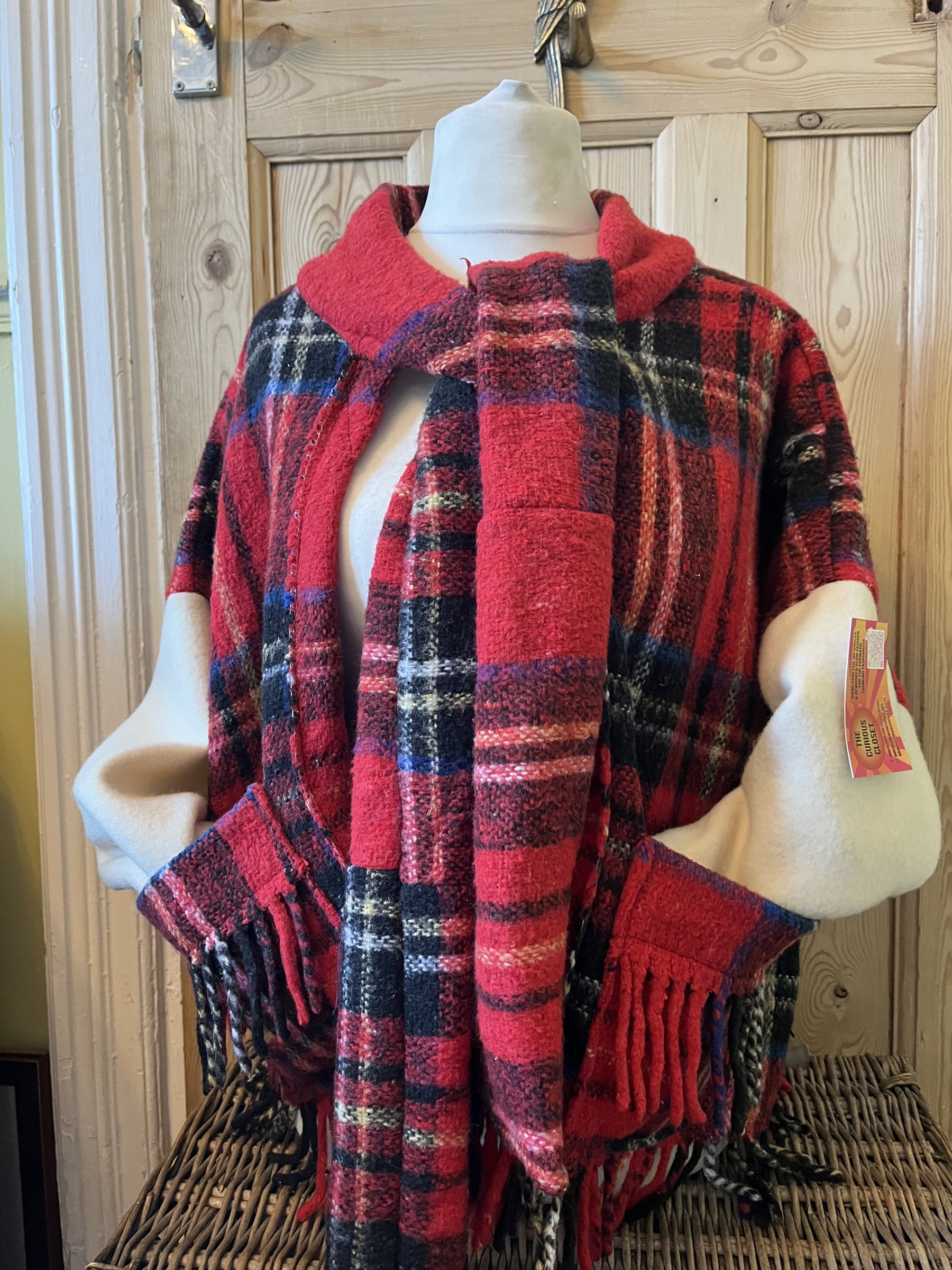 Tartan blanket tie front jacket  with cream wool sleeves