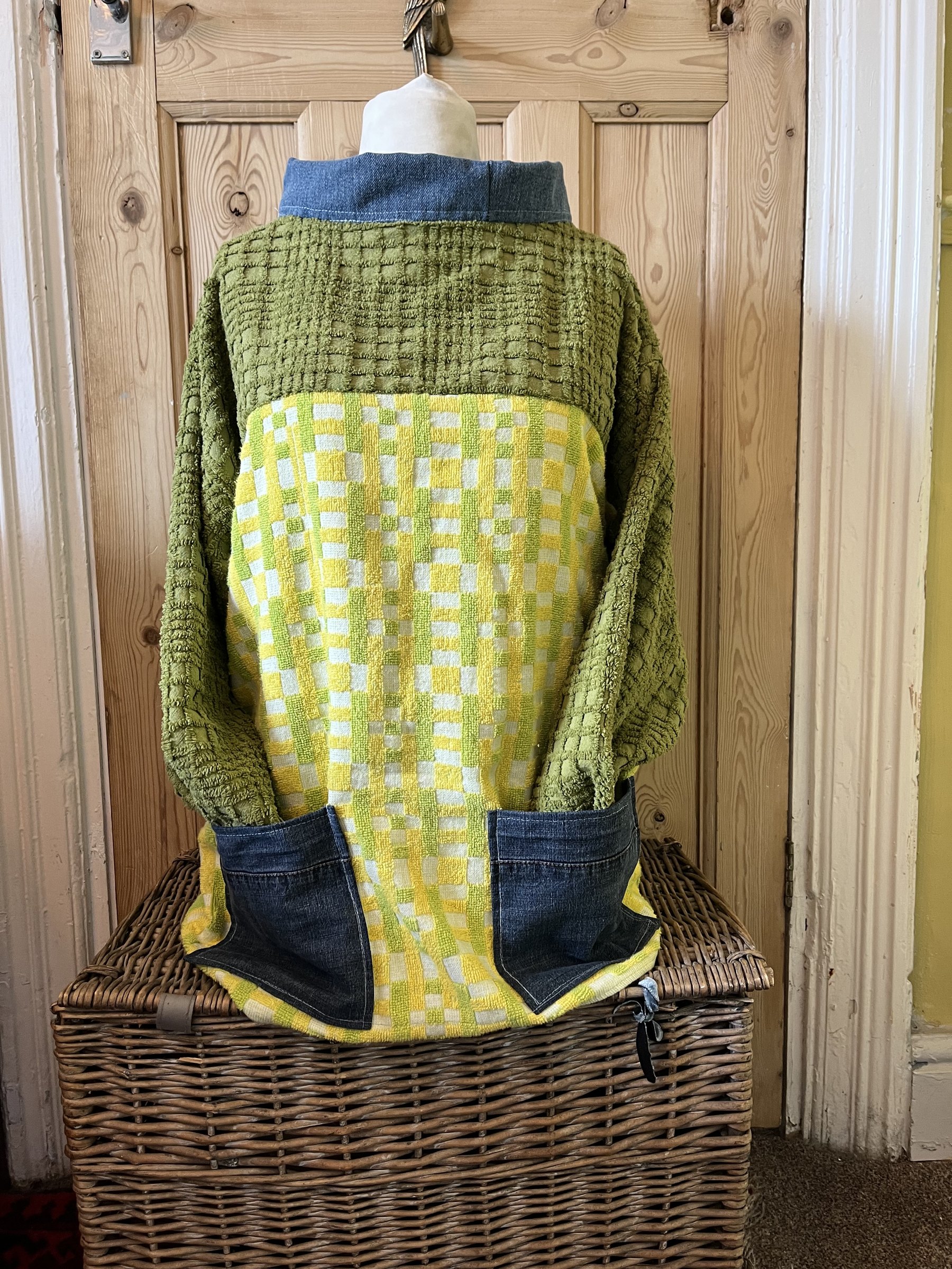 Khaki candlewick and lime towel with denim